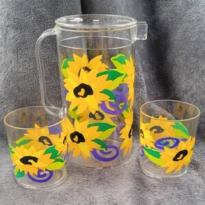 90s Vintage Style Drink Pitcher With Cups Floral Sunflower Summer